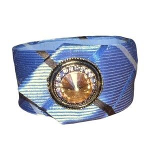 Blue and Gold Plaid necktie Bracelet with gold stone and magnetic closure